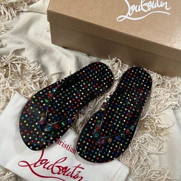 CHRISTIAN LOUBOUTIN Loubi Flip Flop Spikes Donna Flat Black Mix Studded - Picture 4 of 10
